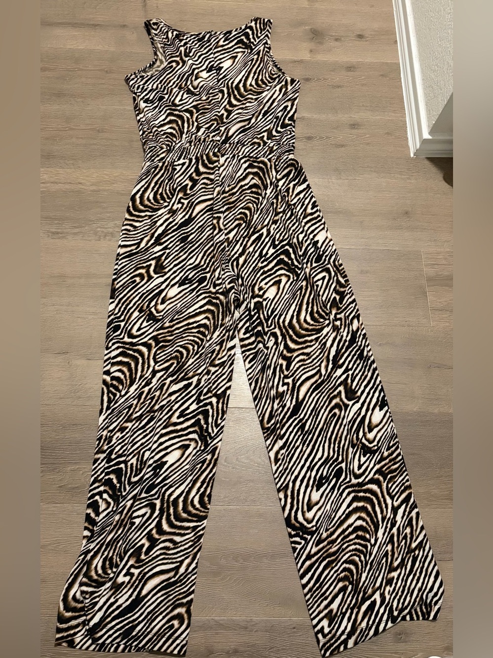 Calvin Klein Black, White & Brown Animal-Print Wide-Leg Jumpsuit